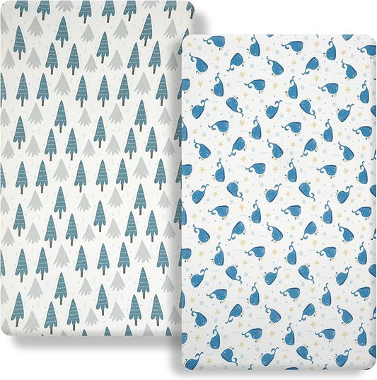 Pack n Play Fitted Sheet. 2 Piece Mini Crib Sheet. Elastic Playard Sheet. Portable Sheet Set. Elastic Convertible Playard Set. Compatible with Graco Pack n Play. (Bubble Whale and Forest)