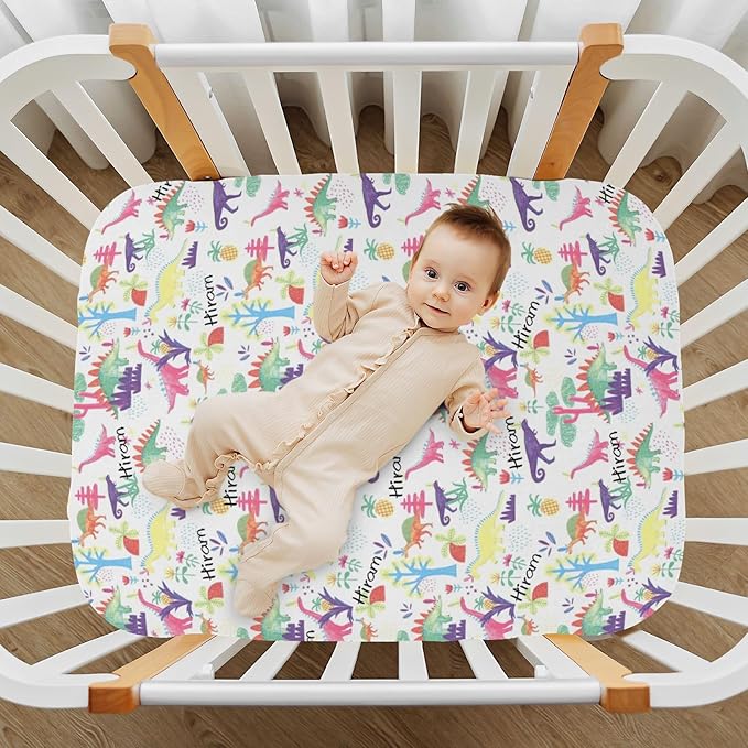 Personalized Dinosaur Mini Crib Fitted Sheet for Baby Boys, Custom Pack and Play Sheets with Name, Customized Name Multiuse Sheets for Pack & Play, Playard, Playpen, Mini Crib Mattress