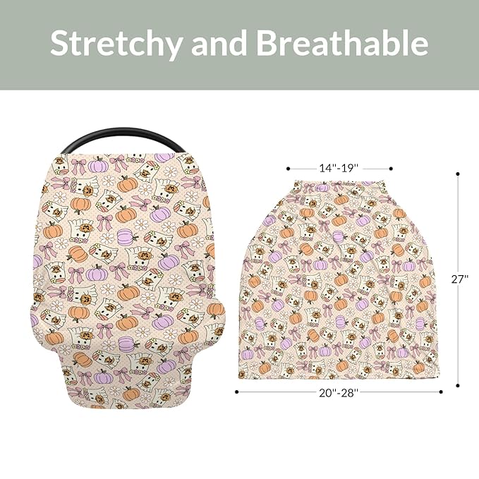 Cute Pumpkins Bows Flowers Baby Car Seat Covers Spooky Halloween Stretchy 5-in-1 Cover Adjustable Car Canopy Breastfeeding Cover Fall Autumn Floral Breathable Nursing Cover-Up