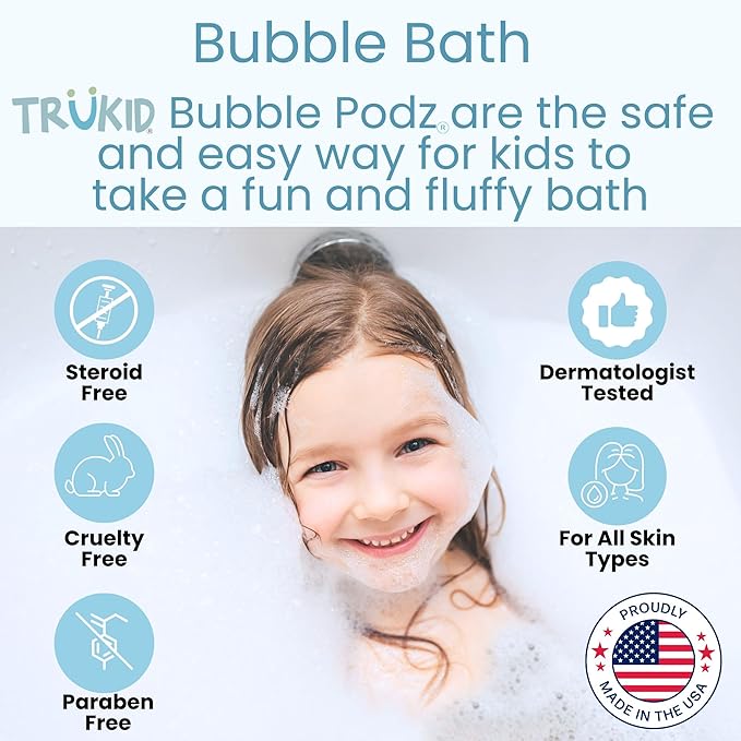 TruKid Bubble Podz Bubble Bath for Kids, Toddlers, & Babies, Tear Free Gentle & Refreshing Bath Bomb for Sensitive Skin with Natural Moisturizers, Non-Toxic, pH Balanced, Vanilla Scent (24 Podz)