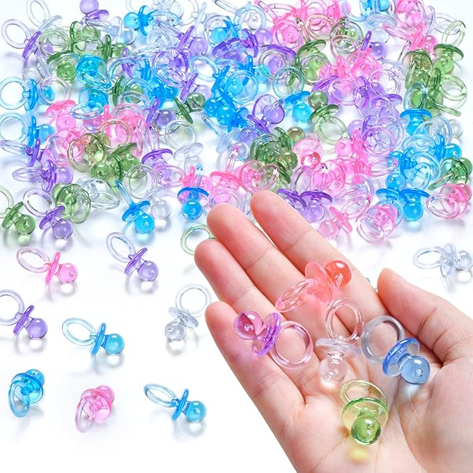 50 Pcs Mini Pacifiers Baby Shower Games Boy Girl, 1.25'' Cute Baby Shower Pacifiers, Bulk Acrylic Pacifier for Party Table Scatter, Pacifier Hunt Game, Gender Reveal Decoration Party Favors(5 Color)