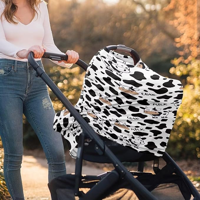 AFPANQZ Milk Cow Print Nursing Cover Breastfeeding Scarf Baby Car Seat Covers Infant Stroller Cover Carseat Canopy for Girls and Boys White Black Breathable Stroller Canopies