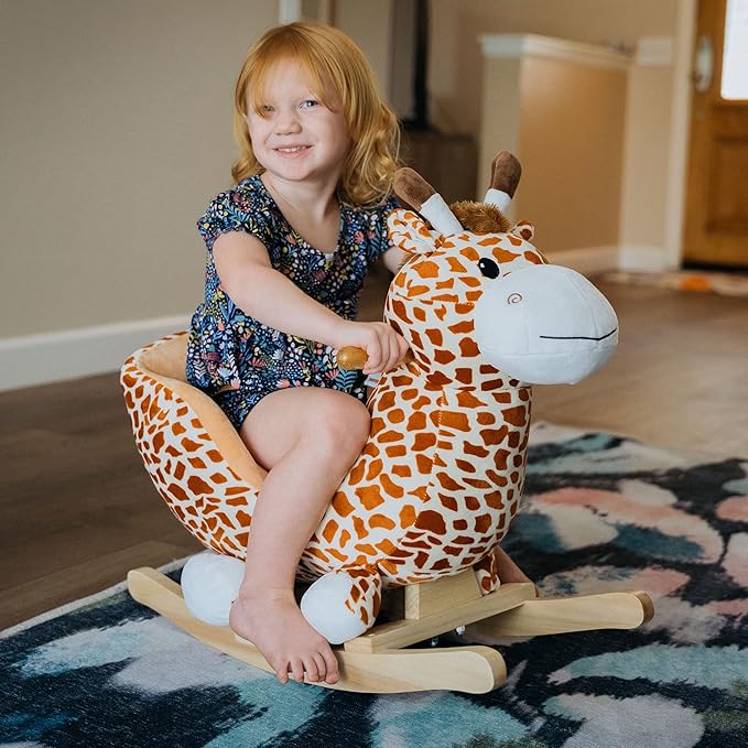 Qaba Kids Plush Ride-On Rocking Horse Toy Giraffe Style with Song for 18-36 Months, Brown
