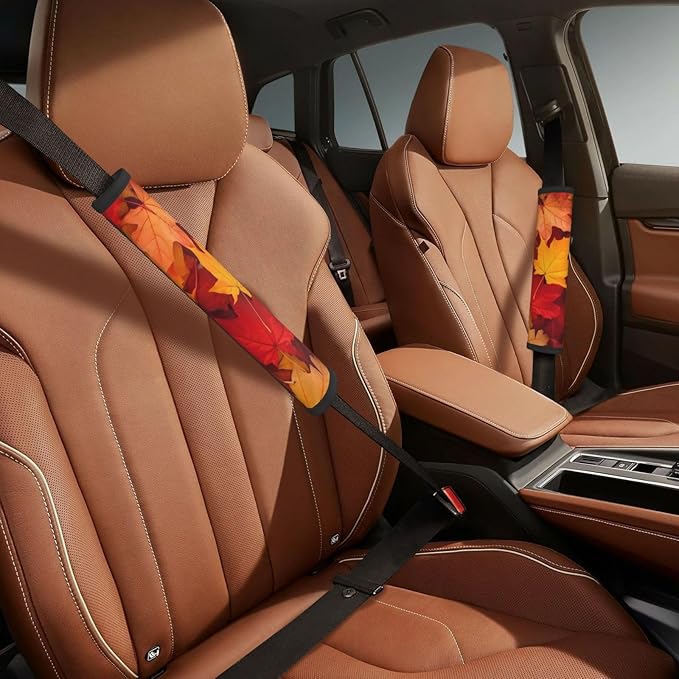 Autumn Leaves Print Seatbelt Pads Fits Cars Trucks SUV Sedans Sweat Absorption Car Seatbelt Strap Cover, Fall Auto Interior Accessories Protector