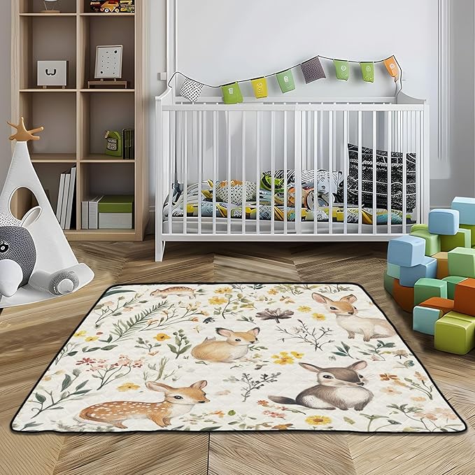Baby Play Mat Vintage Woodland Animals Wildflowers 50 x 50 Playpen Mats for Floor Play Gym Crawling Mat Non-Slip Cushioned Baby Playmat for Infants, Babies, Toddlers