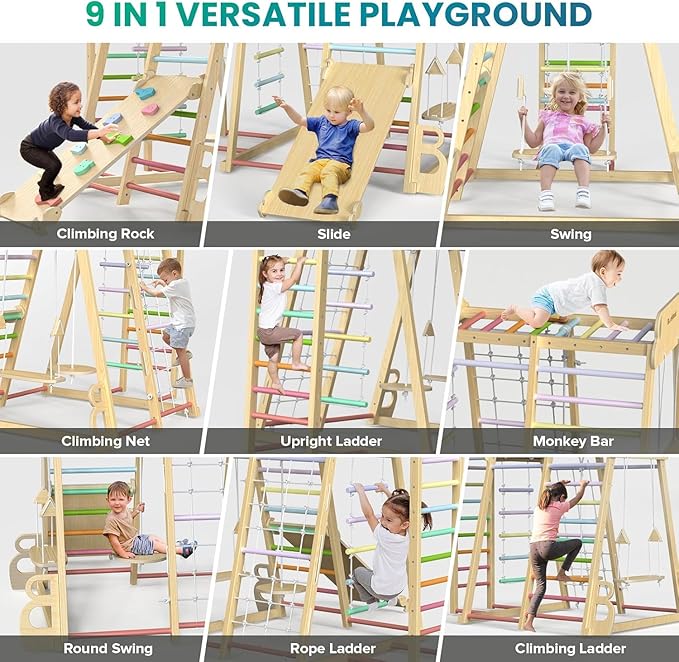 BlueWood Upgraded Indoor Jungle Gym 9-in-1 Playground Kids Climbing Toys, Waldorf Style Wooden Climber Playset with Slide, Swing, Monkey Bars, Upright/Rope Ladder, Climb Net, Colorful
