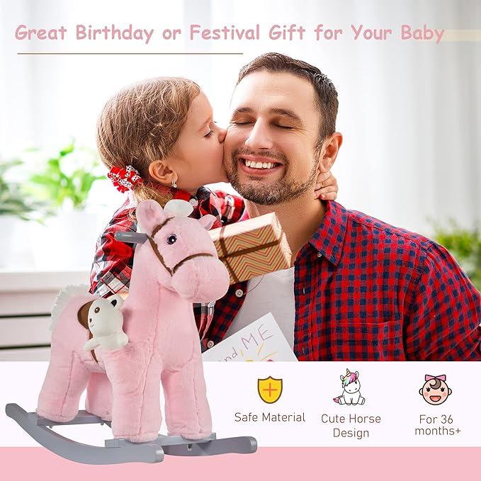 Qaba Kids Plush Ride-On Rocking Horse with Bear Toy, Children Chair with Soft Plush Toy & Fun Realistic Sounds, Pink