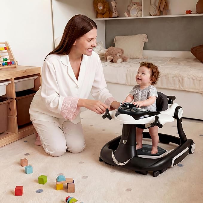 7 in 1 Foldable Baby Walker, Infant Activity Walker w/Adjustable Height, Detachable Play Tray with Music & Light, Baby Push Walker with Wheels for Boys Girls 7-18 Months, Speed Control, Black