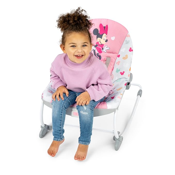 Bright Starts Disney Baby MINNIE MOUSE Infant to Toddler Rocker & Seat with Vibrations and Removable -Toy Bar, 0-30 Months Up to 40 lbs (Forever Besties)