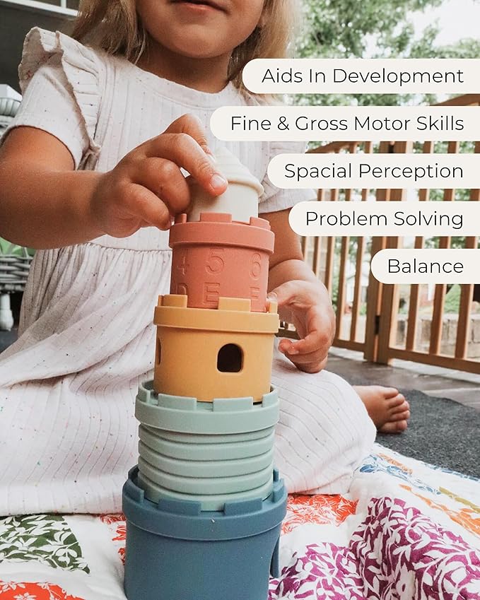 Hippypotamus Stacking Cups & Teething Toys - Silicone Montessori Baby Toys - Teethers for Babies 3-6 Months - Soft Castle Nesting Cups - Stacking Ring Toys