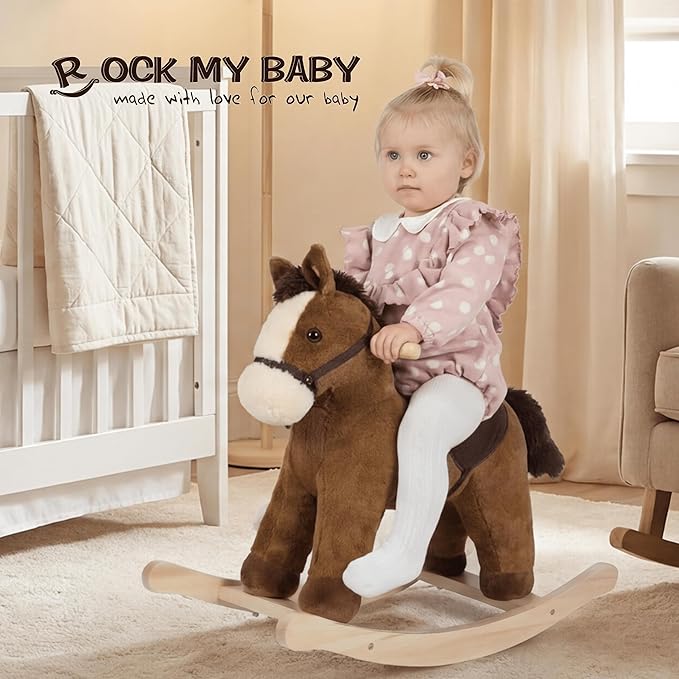 Rock My Baby Rocking Horse, Dark Brown Horse Rocker for Toddlers 18M+, Plush Ride on Horse Toy with Realistic Sound,Soft Stuffed Filling, CPC Certified