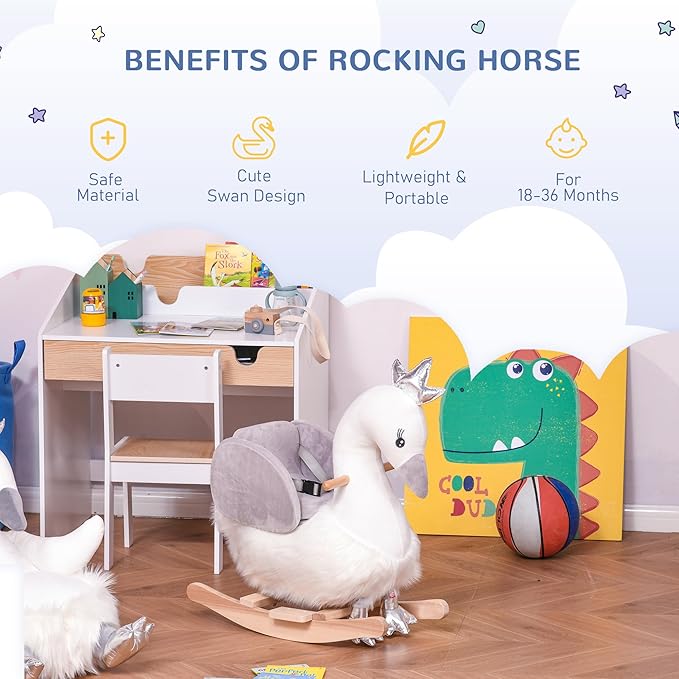 Qaba Rocking Horse, Kids Ride on Horse Swan Rocker with Sound, Plush Seat, Wooden Base, Safety Belt for Toddlers 18-36 Months, White