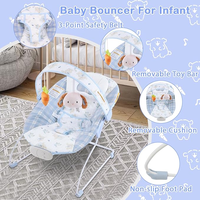 Baby Bouncer, Infants Bouncy Seat with Music and Vibrations,Portable Baby Rocker for Newborns Indoor Outdoor Use 0-6 Months Up to 20 lbs
