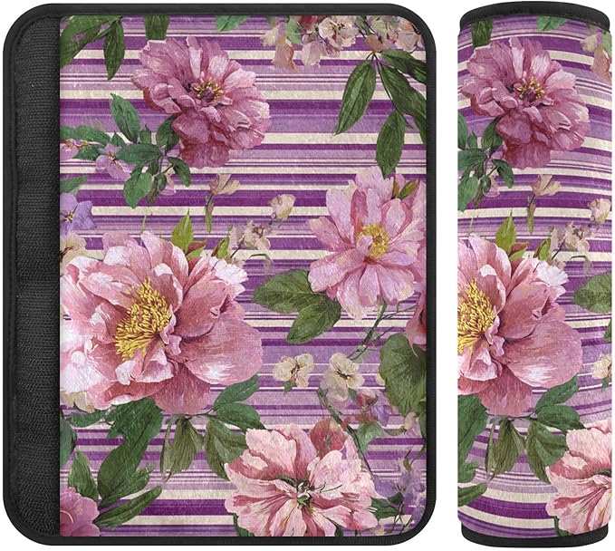 2 Pack Seatbelt Covers Seat Belt Cover Pad for Adults Boys Girls Car Seat Strap Covers Pads Cushion Universal Shoulder Strap Pad Protector for Backpack Camera Bag 10x7.7Inch Cute Pink Striped Roses