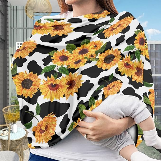 Coldinair Cow Sunflower Print Car Seat Cover for Babies Girls,Soft Nursing Cover,Breathable Infant Carseat Canopy/Shopping Cart/High Chair/Stroller Covers