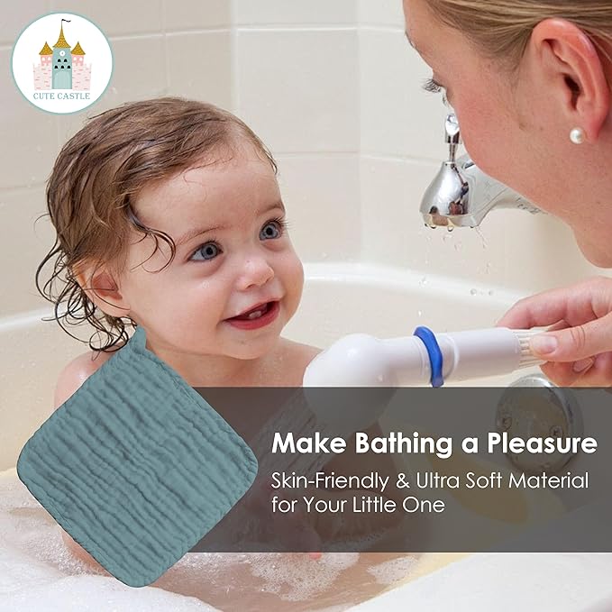 Cute Castle 12 Pack Muslin Baby Washcloths - Large 12'' by 12'' - Ultra Soft 100% Cotton - Super Absorbent Burp Cloths for Unisex, Boy, Girl -Dark Green