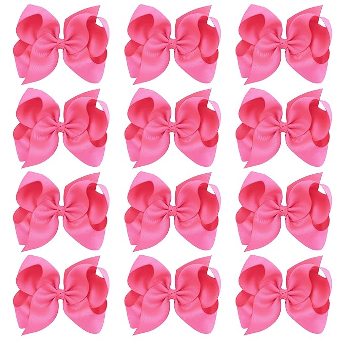 Oaoleer Big Hair Bows for Girls 12 PCS 6" Hot Pink Grosgrain Ribbon Large Boutique Bow Alligator Clips Hair Accessories for Toddlers Little Girls Kids