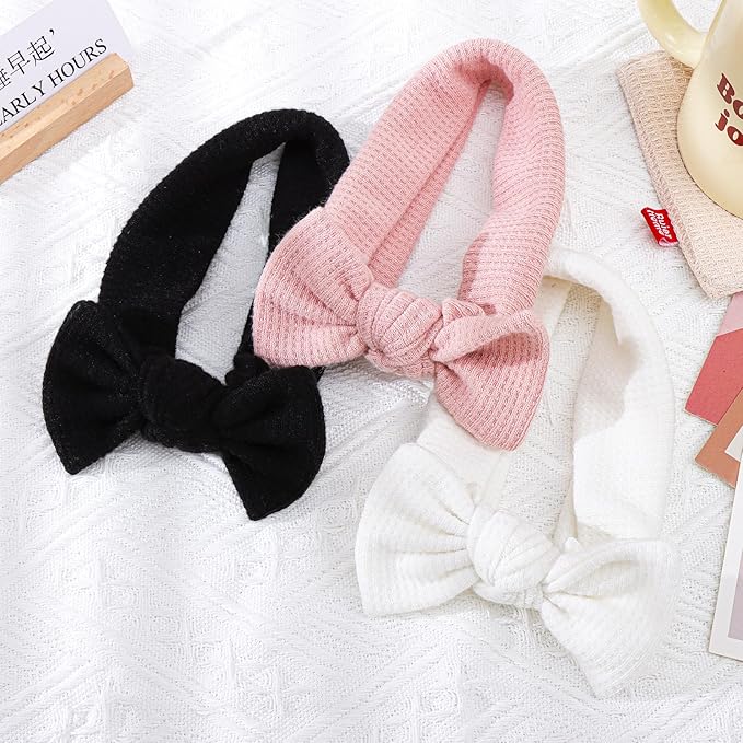 3Pcs Baby Girls 4" Hairband with Bows, Soft Headwraps Hair Accessories for Infant Toddler, 1 Count (Pack of 3), Black/White/Pink