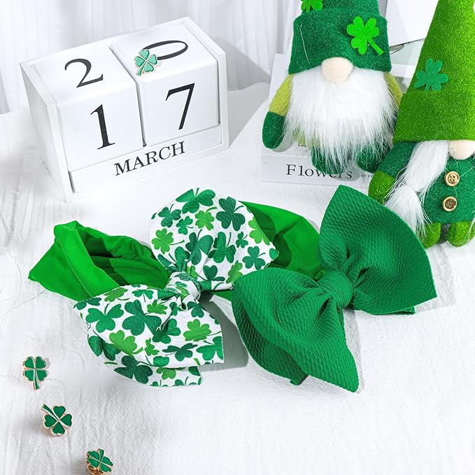 HAIRBAND, St.Patrick's Day Hair Accessories for Infant Baby Girls, Green Headbands with Bows, Shamrock Print, Nylon Hairbands, 2 Count