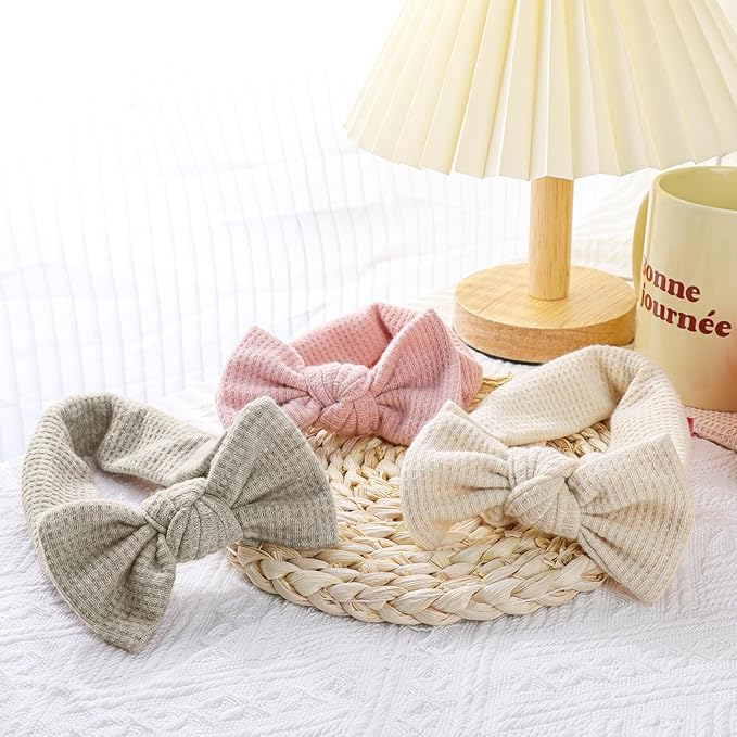 Hairband with Bows - Classic Headband Bow for Baby Girl Toddler Girls Hair Accessories, 3Pcs, Beige, Dark Khaki, Light Pink