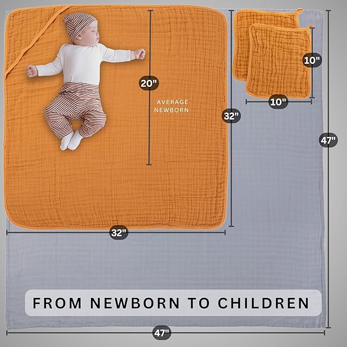 Tidy and Cozy Baby Essentials Set - Muslin Cotton and Viscose Derived from Bamboo - Hooded Bath Towels, Swaddle Blankets, Wash Cloths - Extra Soft & Highly Absorbent for Newborns, Infants, Toddlers