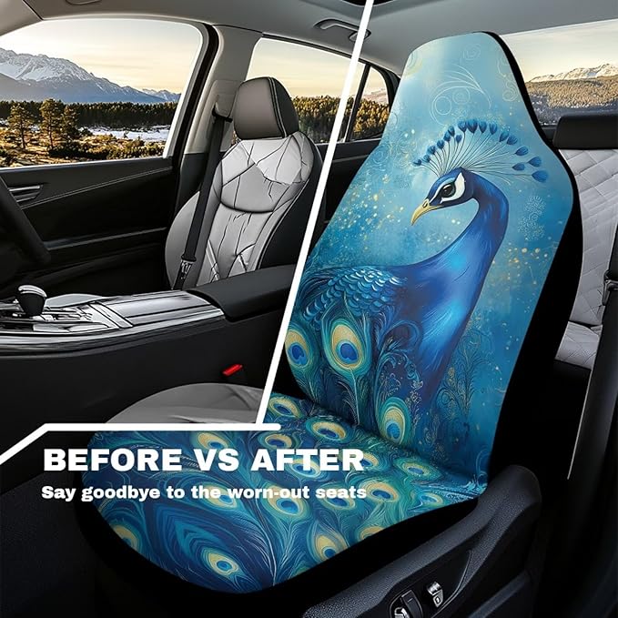 Fashion Peacock Car Seat Covers Set of 2 Waterproof Universal Vehicle Front Seats Interior Protector Easy to Install Interior Protection Suitable Fits Most Car Auto SUV Sedan Truck
