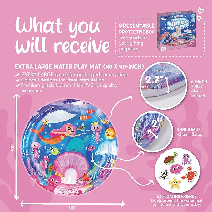 KooKooBaby Water Tummy Time Mat - Large Sensory Baby Water Mat for Tummy Time & Motor Development - Leak-Proof, Durable Play Mat for Babies 3 Months+ - Infant Water Play Mat for Baby Boys & Girls