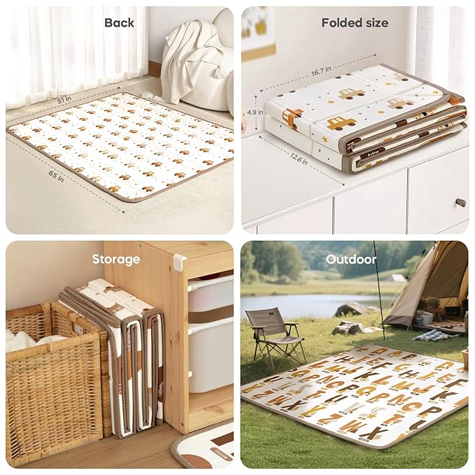 Foldable Baby Play Mat, 65" X 50" Waterproof Double-Sided Cushioned Activity Play Mat, Soft Lightweight Foam Playmat with Fold-Up Sides, Non Slip Crawling & Playing for Infants and Toddler, Alphabet