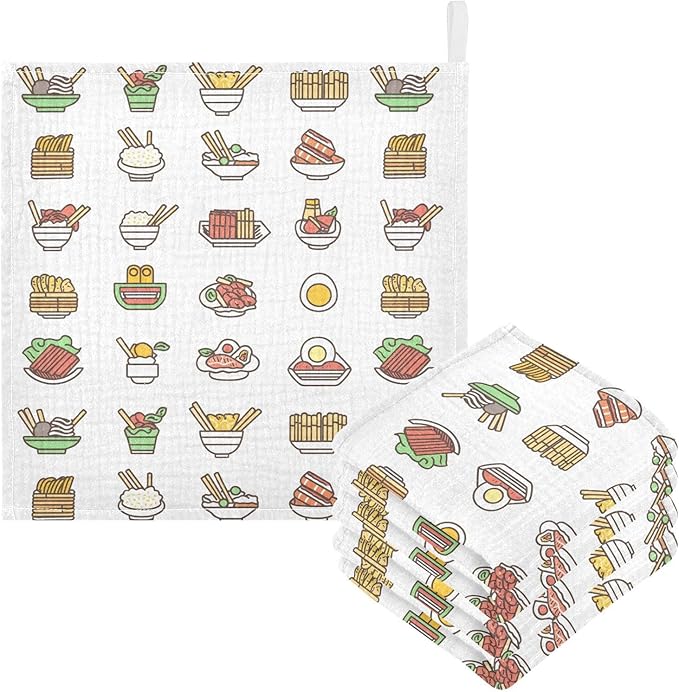 vvfelixl Asian Food Icons Baby Burp Cloths Baby Muslin Washcloths for Boys Girls Cotton Babys Face Towel for Newborn Soft 11.8 X 11.8 in, 5 Pack
