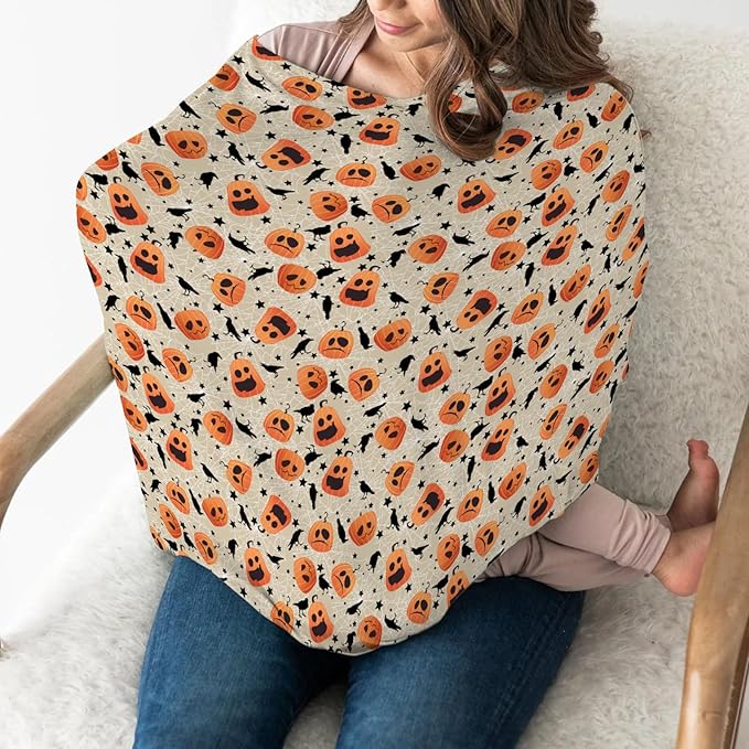 Halloween Pumpkin Black Crows Car Seat Cover for Babies Orange Pumpkins Stars Stretchy 5-in-1 Cover Adjustable Car Canopy Cover Spooky Halloween Breathable Nursing Cover-Up