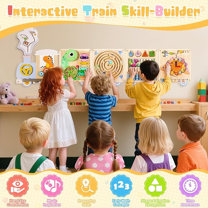 Train Activity Wall Busy Board,Wooden Montessori Sensory Toys,15-in-1 Sensory Wall Panel for Playroom,Preschool,Daycare,Nursery,Classroom, Educational Toys for Toddler