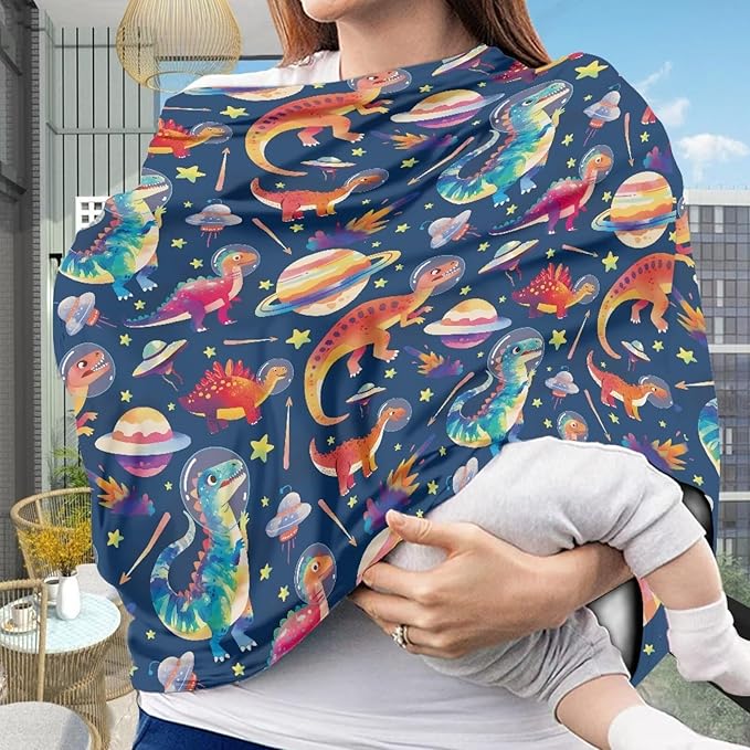 GIFTPUZZ Planet Dinosaurs Multi-Use Stretchy Baby Car Seat Cover - Nursing & Breastfeeding Covers for Boys & Girls, Ideal for Shopping Carts, High Chairs, and Strollers for Infants & Newborns