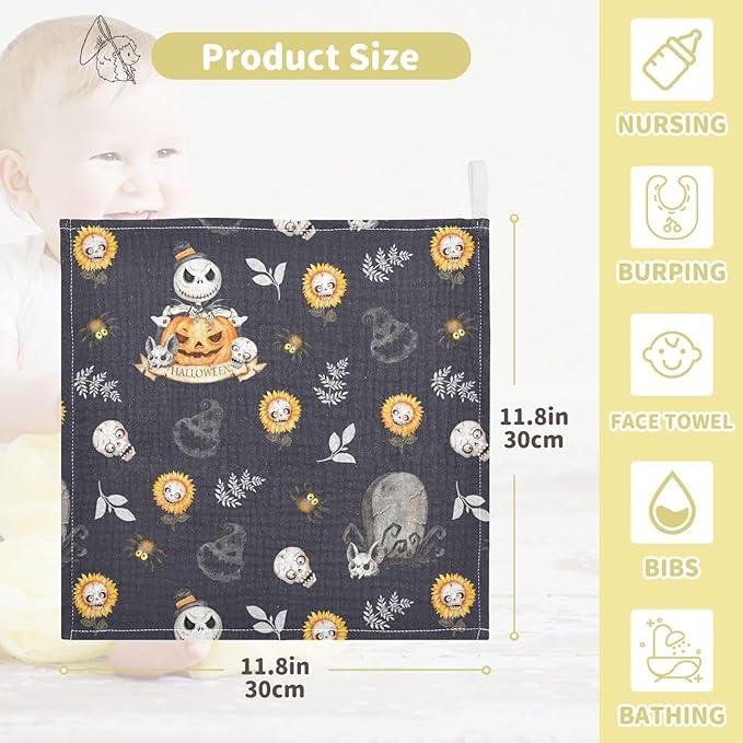 vvfelixl Baby Muslin Washcloths Halloween Skulls Horror Monsters Baby Burp Cloths Cotton Baby Face Towel for Newborn Infants Boys Girls Soft and Absorbent 11.8 X 11.8 in, 3 Pack Black