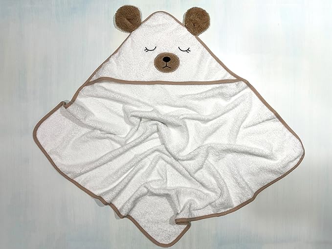 Organic Baby Hooded Bath Towel 30x30 Inch – 100% Organic Cotton, 380 GSM Soft & Absorbent Newborn Towel with Embroidered Hood, (Bear)