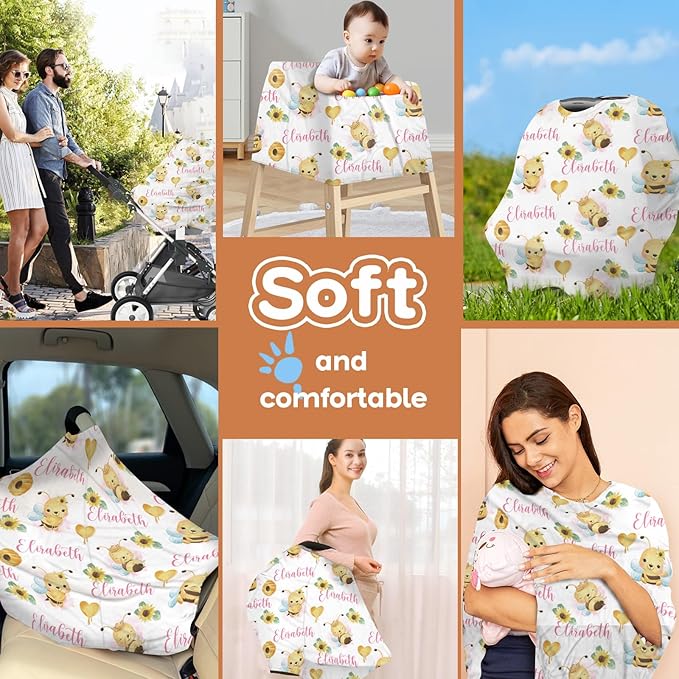 Personalized Baby Car Seat Cover Stroller Canopy: Custom Name Newborn Baby Boy Girl Elastic Bee Nursing Cover for Moms First Birthday Gift(one Size)