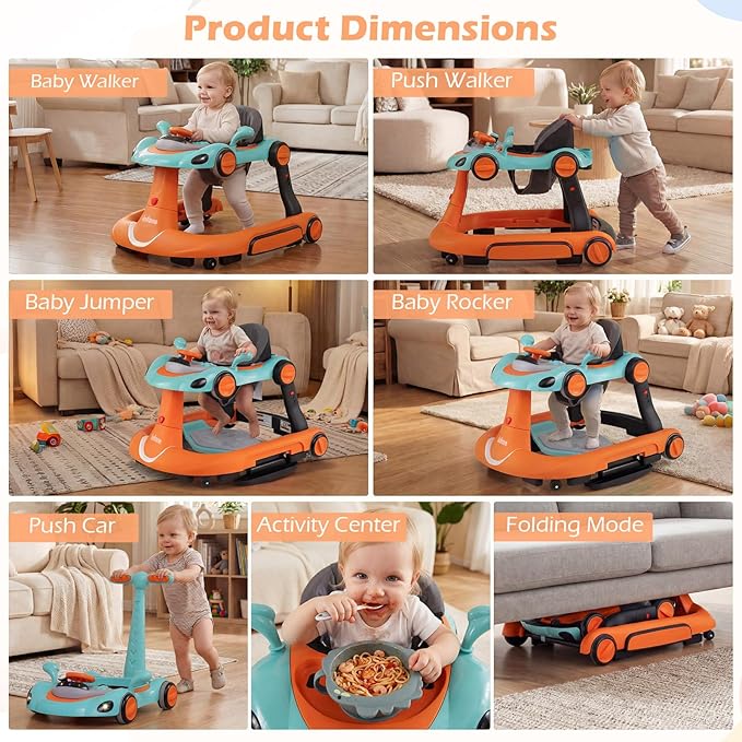 INFANS 6-in-1 Foldable Baby Walker, Converts Push Car to Bouncer, Rocker with Music, Lights, Adjustable Height & Speed, Activity Center, Canopy for 7-18 Months (Orange)