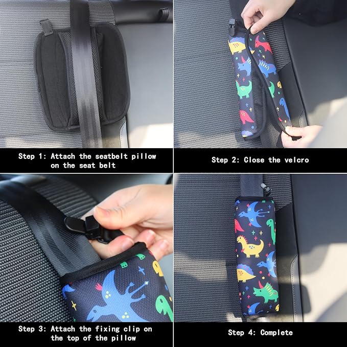 Car Seat Belt Pillow for Kids with Clips,Seat Strap Belt Covers Pad Cushion,Car Seatbelt Cover Pillows for Toddlers(Dinosaur Black)