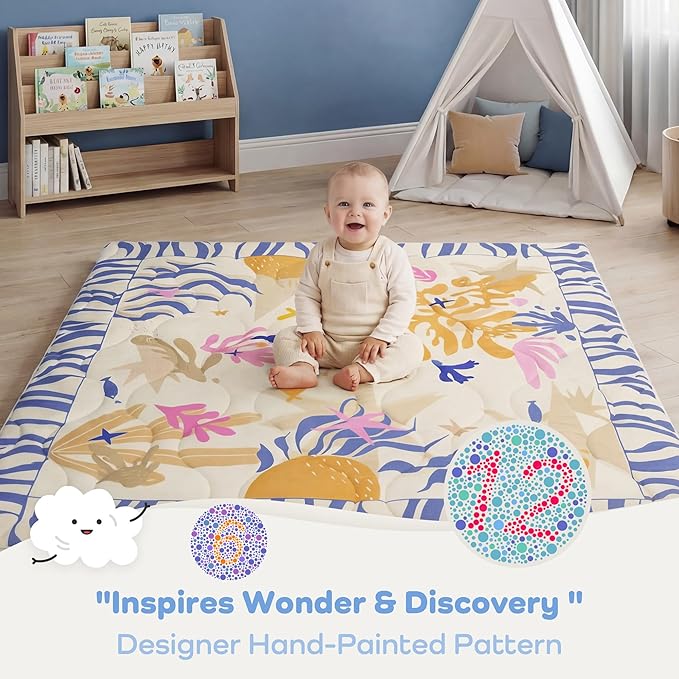 1.5" Thicker Baby Play Mat for Floor, 50x50 Removable & Machine Washable Cover Playpen Mat Softness Foam Mats, Easy-Clean Hygienic, Comfort Safety Kids Crawling (Undersea Corals)