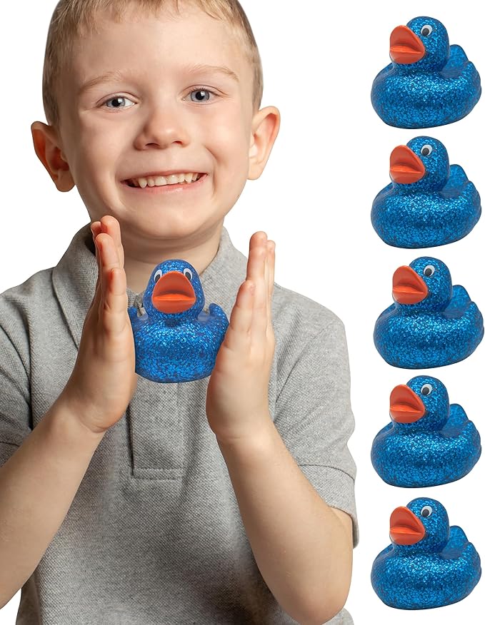 Alpi Glitter Ducks – Set of 5 Fun & Sparkly Rubber Ducks & Bath Toys - Decorative, Collectible, and Great for Parties, Gifts & Bath Time (Blue)
