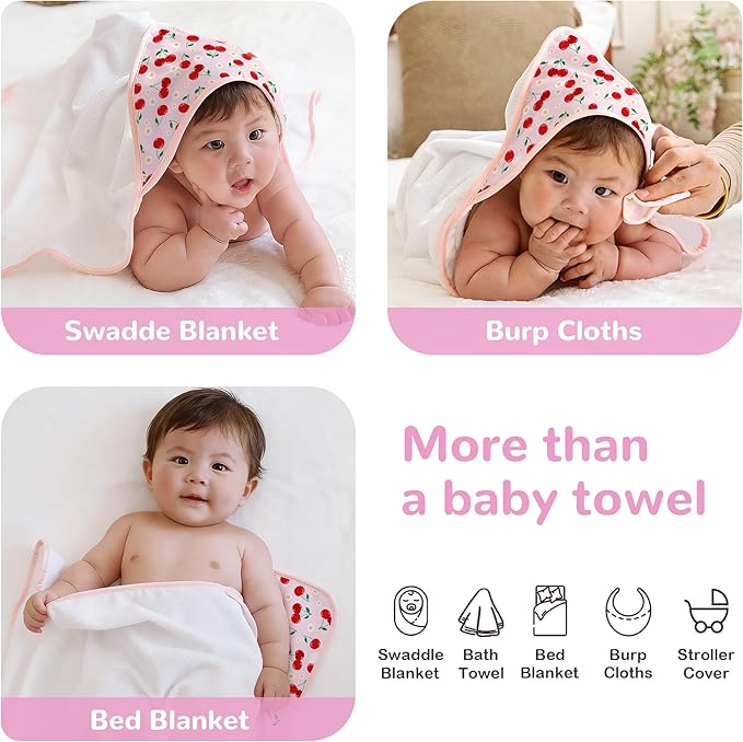 Viviland 6 Pcs Hooded Baby Towels and Washcloths Set, Super Gentle Bath Towels for Newborn Face & Body, Absorbent Wash Cloth for Infants Girls, Pink-Cherry Pattern, 28 x 28 inch