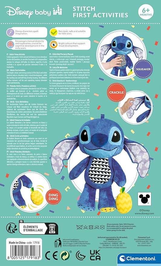 Clementoni Disney Stitch First Activity Plush, Interactive Hanging Toy with Sound Effects and Various Materials, Washable, Promotes Sensory Skills, from 3 Months