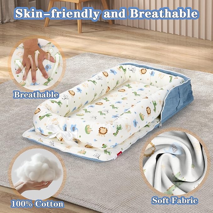 Baby Lounger for Newborn-Portable Baby Lounger 0-24 Months for Home and Travel,Newborn Loungers with Strap, Baby Nest Lounger Adjustable Size,Animal World Blue