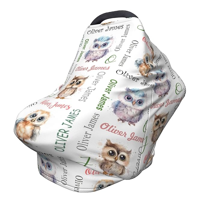 Personalized Car Seat Covers for Babies with Name – Multi-use Breastfeeding Cover Custom Owl Carseat Canopy Cover, Infant Stroller Covers for Boys and Girls