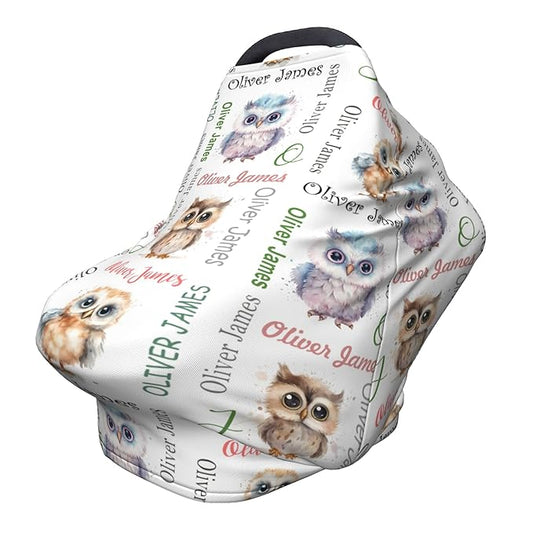 Personalized Car Seat Covers for Babies with Name – Multi-use Breastfeeding Cover Custom Owl Carseat Canopy Cover, Infant Stroller Covers for Boys and Girls