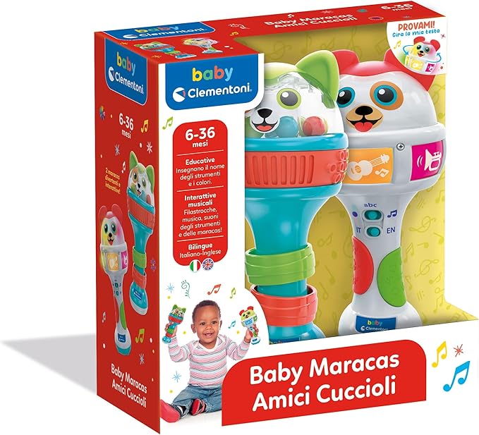 Clementoni Baby Maracas Puppy Friends - 2 Maracas for 6 Months, Early Childhood Musical Game, Percussion to Shake Like a Rattle, Interactive Electronic Musical Instrument, 17985