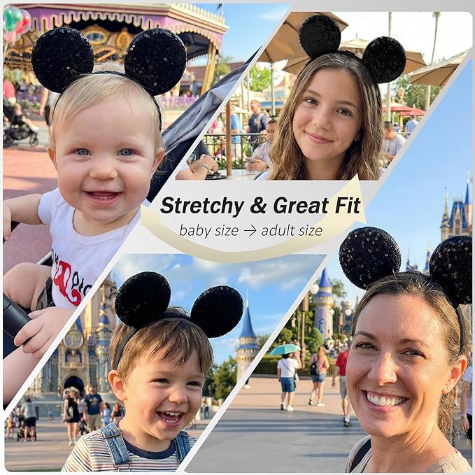 zhezesmila Adjustable Mouse Ears Headband Elastic Classic Black Sequin Ears for Baby Girls Boys Toddlers and Adult