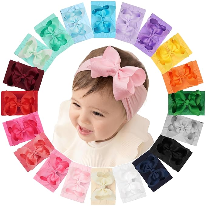 CÉLLOT 20 Colors Baby Girl Headbands with 4 Inches Hair Bows Nylon Turban Head Wraps Headbands for Newborn Infants and Toddlers