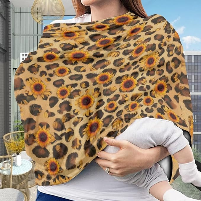 Forchrinse Sunflower Leopard Car Seat Cover for Babies Soft Breathable Breastfeeding Nursing Cover Stretch Infant Carseat Canopy Stroller Cover Washable