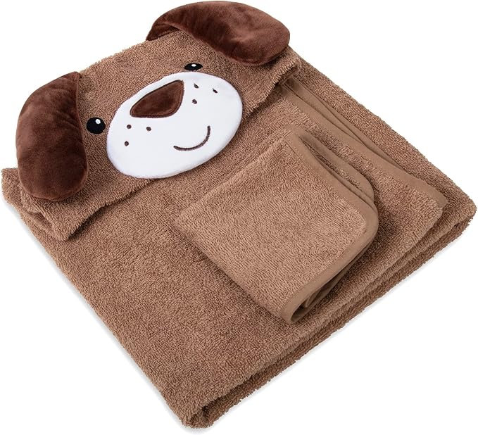 Baby Animal Hooded Towel and Washcloth Set for Newborns, Infants, Toddlers Boys and Girls 3-24 Months (Perky Puppy Pal)
