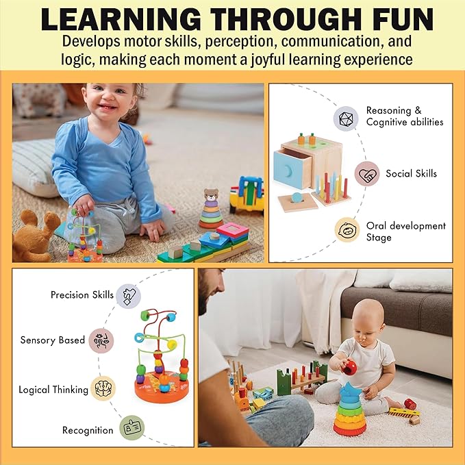 6-in-1 Montessori Learning Toys for 13-18 Months - Toddler Developmental Activity Set with Bear Tower, Pound Bench, Beads Coaster & More Educational Wooden Toys